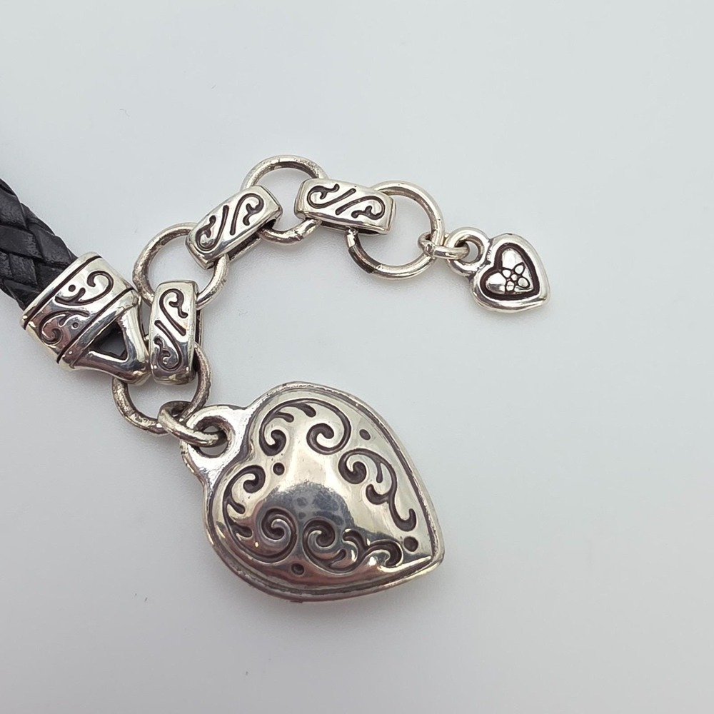 BRIGHTON 'Kings‎ Road' Bracelet Heart Braided Leather Cord Silver Plate 7.75"